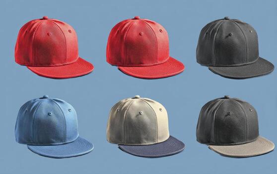 Six baseball caps in various colors, presented in a grid layout against a solid blue background. Each cap features a flat bill and a structured crown photo