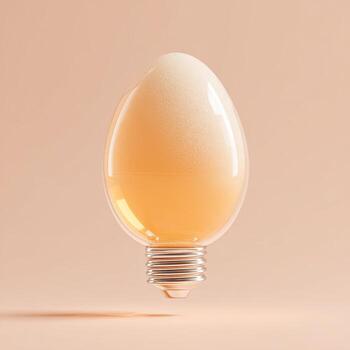 An egg-shaped lightbulb with the inside filled with a light-colored liquid, sits against a peach background photo