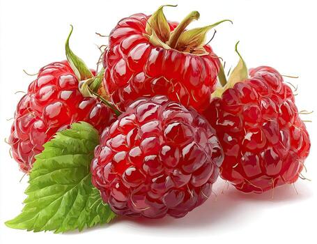 Fresh raspberries clustered together, glossy red skin, and green leaves photo