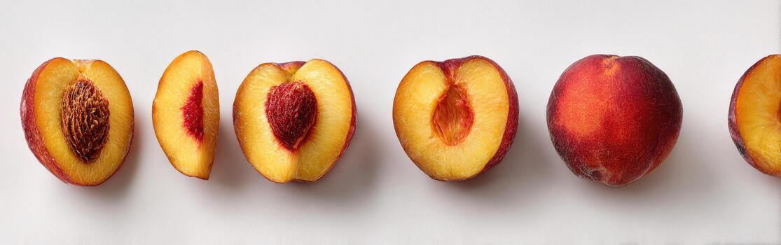 Peach halves arranged in a horizontal row on a white surface photo