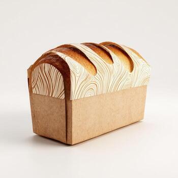 Baked loaf in a kraft paper container. Light brown, slightly toasted bread, in a rectangular cardboard box. Design features a light cream, wood-grain pattern on the top. Product shot, studio setting photo