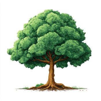 Pixelated, vibrant green tree against white background. A full, leafy canopy sits atop a sturdy brown trunk and roots. Slight variations in shade create depth photo