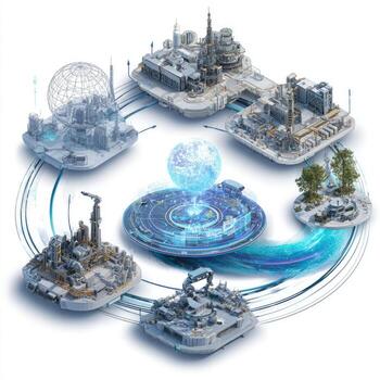 Circular graphic depicting interconnected industrial sites, surrounded by swirling digital elements and a central holographic Earth photo