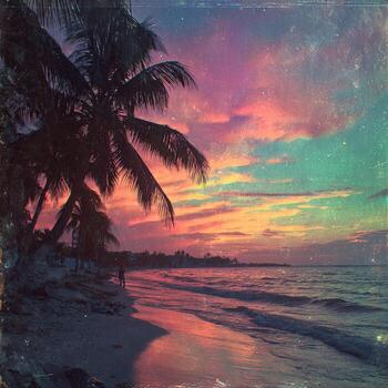 Tropical sunset over a beach. Silhouetted palm trees frame a colorful sky photo