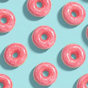 Pattern of pink glazed donuts with holes arranged on a light blue background photo