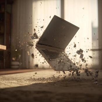 A laptop explodes in mid-air, shards flying, a digital disaster photo