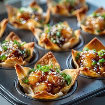 Mini spring roll cups filled with savory, glazed dish photo