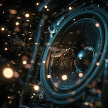 Buzzing insects near a speaker cone. Golden light particles swirl around photo