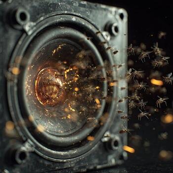 A vintage speaker cone blasts out a swarm of insects, highlighted by fiery particles photo