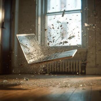 A laptop, shattered, floats in mid-air amidst a shower of glass fragments on a wooden floor. Sunlight streams through a window in the background photo