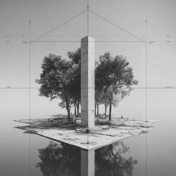 Monochromatic island with a tall column, surrounded by trees, within a geometric cube, reflected in water photo