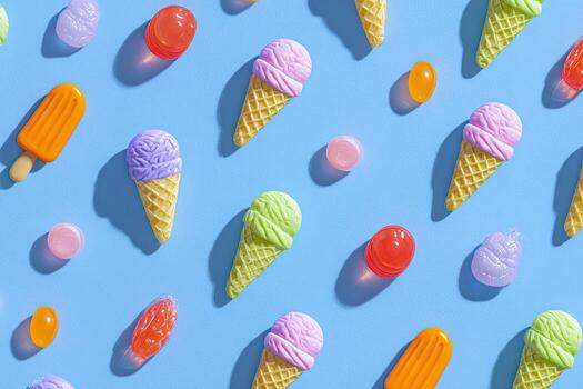 Scattered arrangement of colorful ice cream cones, popsicles, and candies on a light blue surface photo