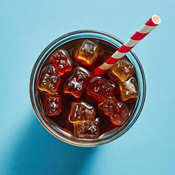 Overhead shot of a glass filled with dark liquid and bear-shaped ice cubes, with a striped straw photo