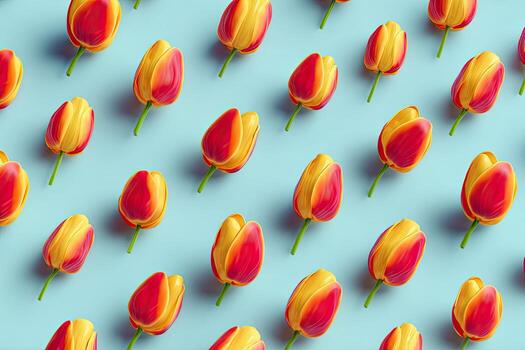 Pattern of vibrant yellow and red tulips on a light blue background, creating a visually appealing repeat photo