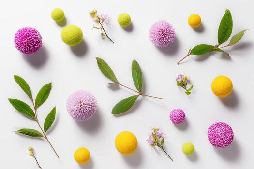 Colorful arrangement of flowers, foliage, and spherical objects on a white background photo