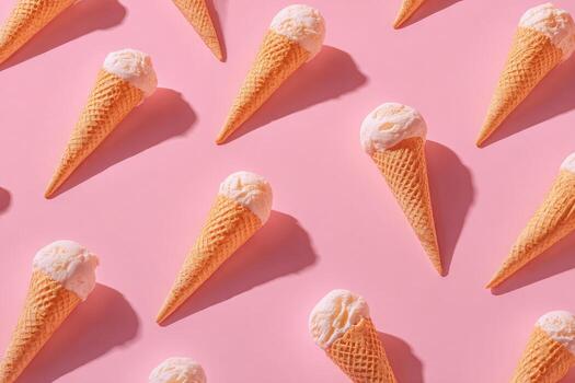 Overhead shot of a repeating pattern of ice cream cones on a pink background photo