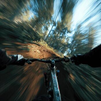 First-person perspective of mountain biker on a trail. Fast-paced motion blur photo