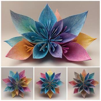 Colorful origami flower, multiple views photo