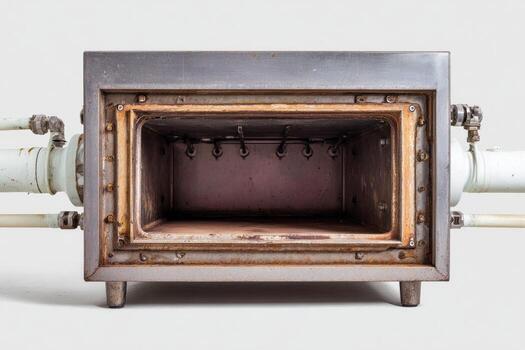 Empty stainless steel box oven, front view. Connected pipes photo