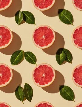 Sliced citrus fruits and green leaves arranged on a light beige surface photo