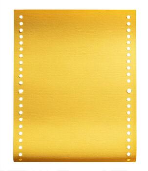 Gold-colored sheet of paper, likely for a binder, with evenly spaced holes along the sides photo