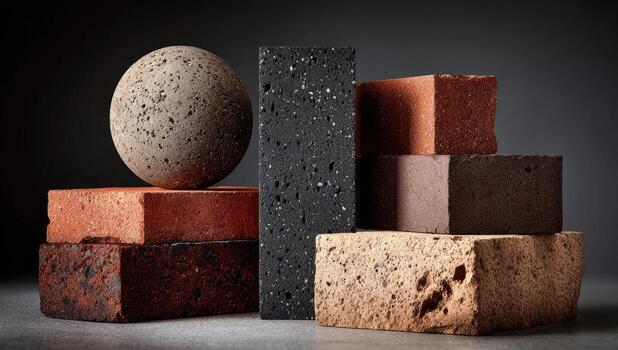 A still life of various textured bricks and a sphere, arranged in a structured composition photo