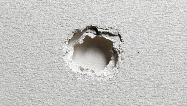 A circular hole in a light gray wall. Rough edges of the hole photo