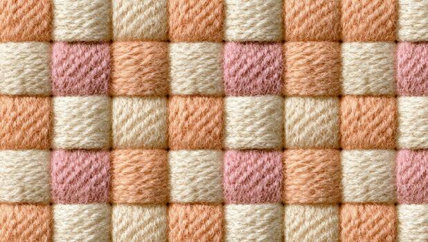 Close-up of a repeating checkerboard pattern. Soft cream and peach-pink yarn squares. Woven or embroidered photo