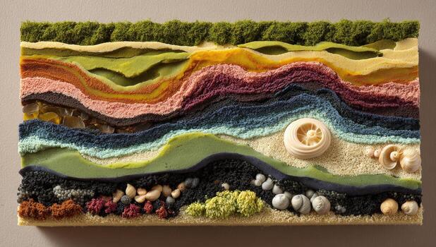 A layered, textured artwork depicting geological strata with natural elements photo