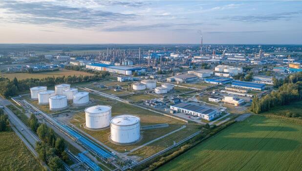 Aerial view of an industrial complex with storage tanks and processing towers under a cloudy sky photo