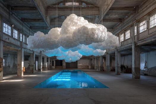 Large indoor installation floating cloud sculpture above a neon blue rectangular pool photo