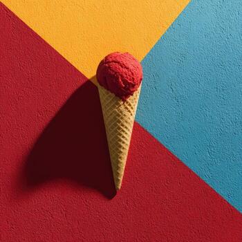 A vibrant ice cream cone with red scoop atop a textured cone rests on a colorful, geometric background photo