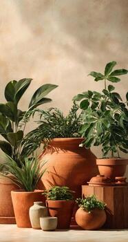 Terracotta pots filled with various houseplants in soft sunlight photo