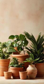 Terracotta plant pots filled with various greenery against a soft peach background photo