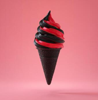 Swirled black and red soft serve ice cream in a dark cone against a pink backdrop photo