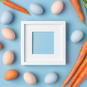 Flat lay Easter composition with frame, eggs, and carrots on a light blue surface photo