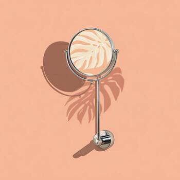 Mirror reflects a stylized leaf on peachy background, casting a long, dramatic shadow photo