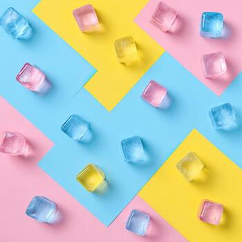 Colored ice cubes scattered over a geometric, multi-colored background photo