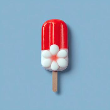 A colorful, popsicle-shaped treat featuring red and white layers with a flower design on blue background photo