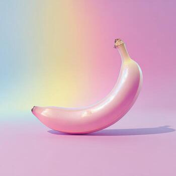 A single pink banana, gracefully arched, against a gradient rainbow backdrop photo