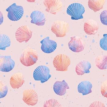 Pastel seashell pattern on pink. Textured, watercolor-like design with scattered ocean shells photo