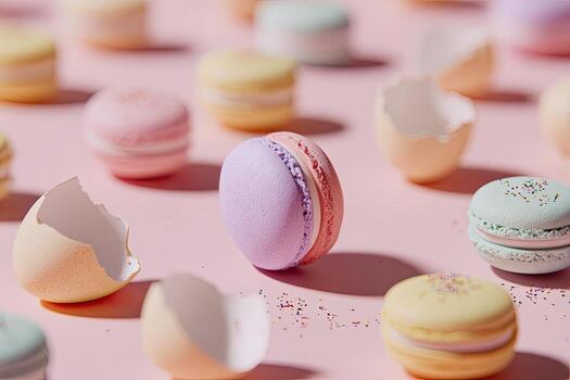 Pastel macarons with cracked eggshells scattered on pink background, soft focus photo