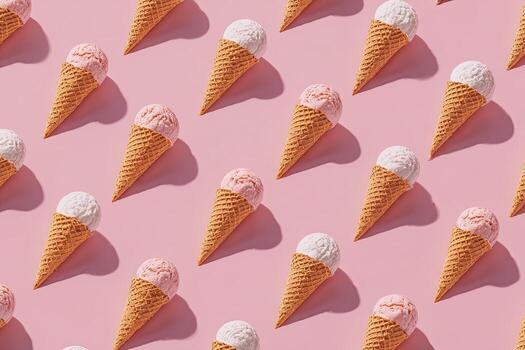 An overhead, diagonal pattern of pastel ice cream cones on a pale pink background photo