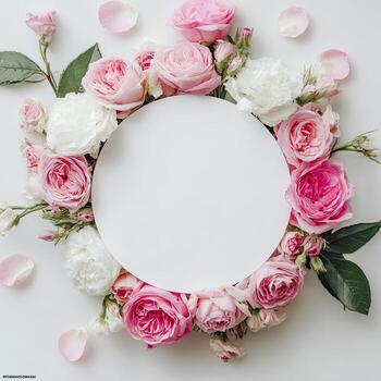 Overhead view of a blank circular space surrounded by pink and white roses and greenery photo