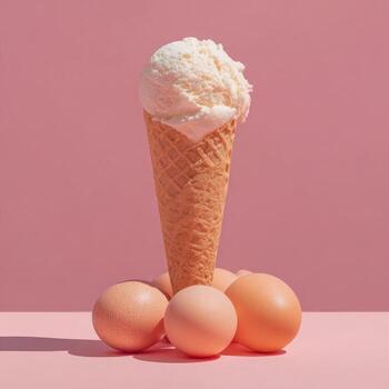 Vanilla ice cream cone balanced on eggs, set against a vivid pink backdrop photo