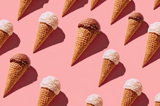 A grid pattern of waffle cones, alternately topped with vanilla and chocolate ice cream, on pink photo