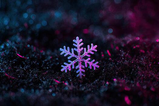 Close-up of a single, delicate snowflake against a dark, textured backdrop with neon lighting photo