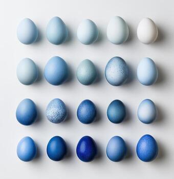 Fifteen eggs arranged in a grid, showcasing a gradient of blue hues on a white background photo