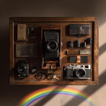 Vintage photography equipment arranged in a wooden display, with rainbow light effect photo