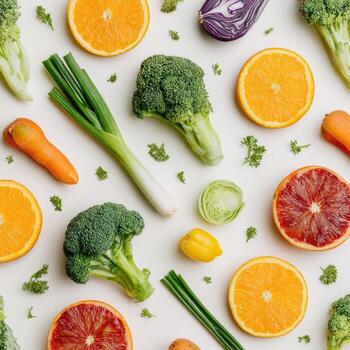 gastos generales ver de un vibrante formación de recién cortado frutas y vegetales en un blanco superficie foto